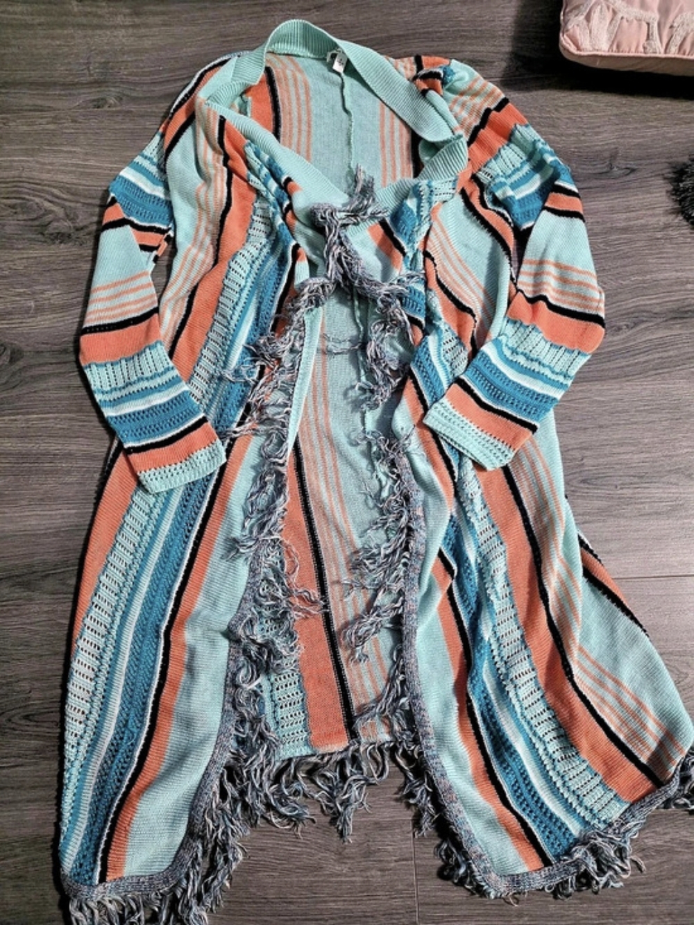 Womens sweat knit long cardigan with decor fringe. Size S. Beautiful!
